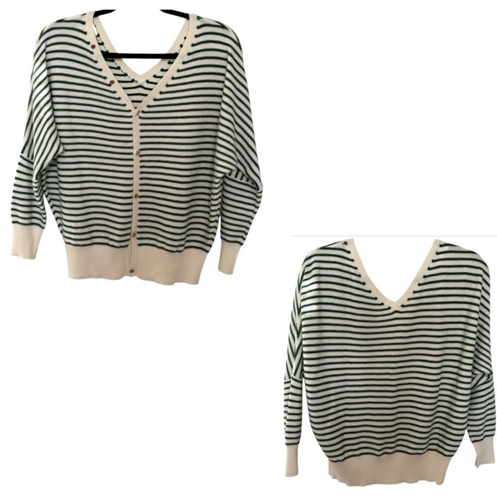 BlueIvy Avara Striped Two Way Cardigan pullover Sweater Green & Cream Size S / M